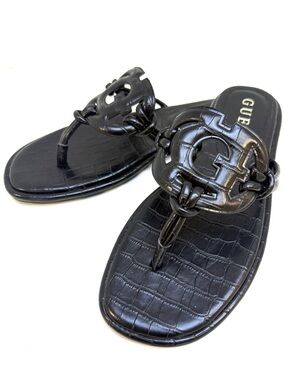 GUESS Black Leather Saime Embellished G Logo Thong Sandals